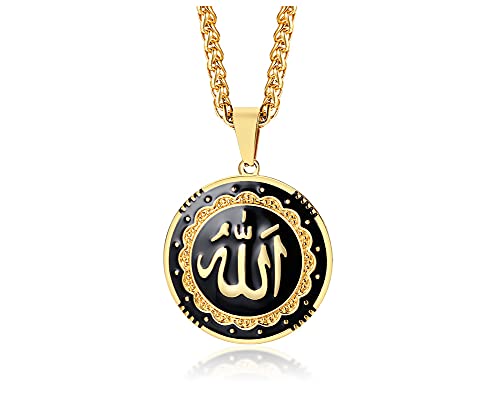MEALGUET Allah Medallion Necklace, Stainless Steel Islamic Jewelry,Arabic Jewelry,Allah Name of God Round Pendant Necklace for Women and Men with Agate Beaded Chain, Muslim Gift Jewelry, Gift - style: Gold-stainless steel chain necklace