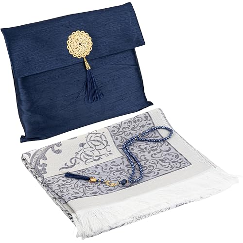 Modefa Islamic Prayer Mat Muslim Gifts - Thin Travel Muslim Prayer Rug in Taffeta Gift Bag with Tasbih Beads Prayer Matt Islam - Chenille Turkish Praying Carpet - Ramadan Gifts (Navy) - color: Navy