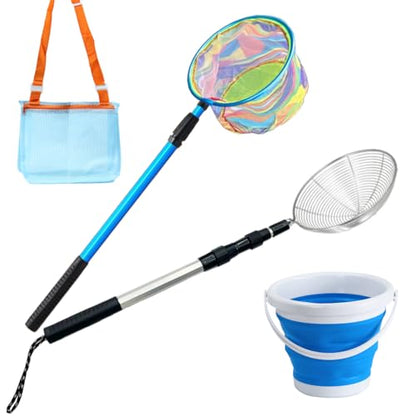 FishNetButterfly Net Insect Habitat Cage with FoldingBucketandTelescopic Handle forOutdoorCapturing of SmallFishShrimpButterflies - color: Light blue