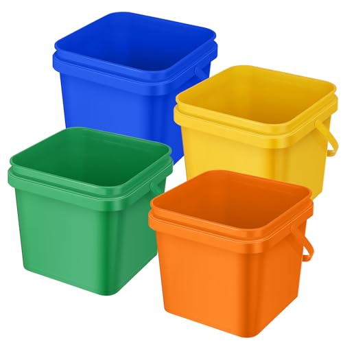 4 Pcs Plastic Bucket 5 Quart Square Cleaning Bucket Utility Small Pail with Handle for House Cleaning Storage Livestock Feeding Car Washing (Yellow,Blue,Green,Orange) - color: Yellow, Blue, Green, Orange