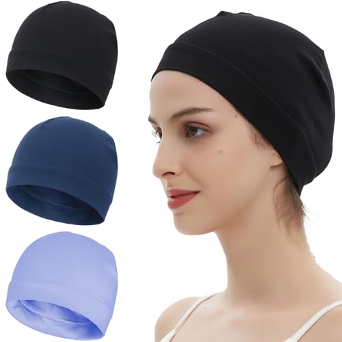 100% Cotton Skull Caps Beanie Bald Sleeping Hats for Men Women - color: 3pieces-black,navy,light Blue