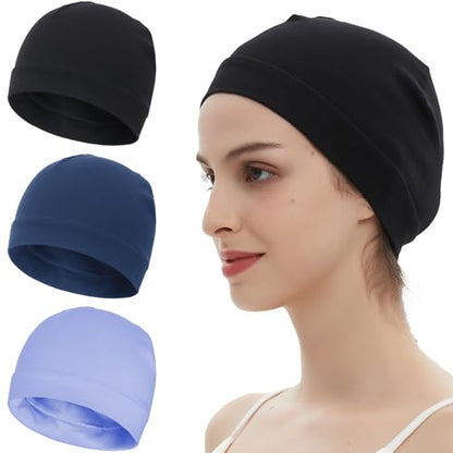 100% Cotton Skull Caps Beanie Bald Sleeping Hats for Men Women - color: 3pieces-black,navy,light Blue