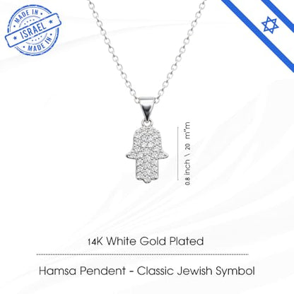 Made In Israel 14K Gold Plated Stainless Still Hamsa Necklace for Women – Jewish Symbol Pendant from Israel – Elegant Hebrew With Cubic Zirconia Dainty Religious Jewish Jewelry - color: Silver