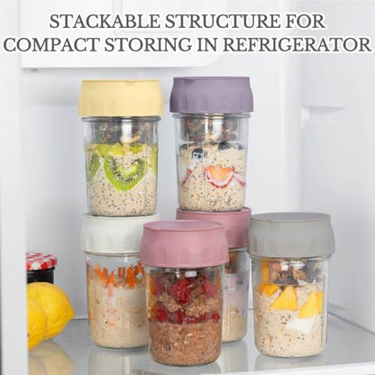 SOLIGT 2 Pack Overnight Oats Containers with Lids, Folding Spoons and Divided Compartments for Fruit & Nuts, Small Glass 16oz Mason Jars for Oatmeal Yogurt Parfait - color: 2 Set-Smoke Gray/Rose Pink