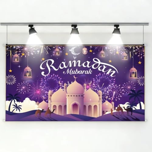 KYMY Ramadan Mubarak Backdrop – Muslim Ramadan Kareem Polyester Banner 70.9 x 43.3 Inch, Islamic Crescent Moon Star Lantern Mosque Photography Background for Eid al-Fitr Indoor Outdoor Decor - color: Purple