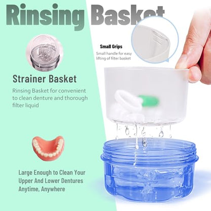 Leak Proof Portable Denture Cleaning Cup, Holder for Retainer & Night Guard, Transparent Blue, Travel Home Office - color: Transparent Blue