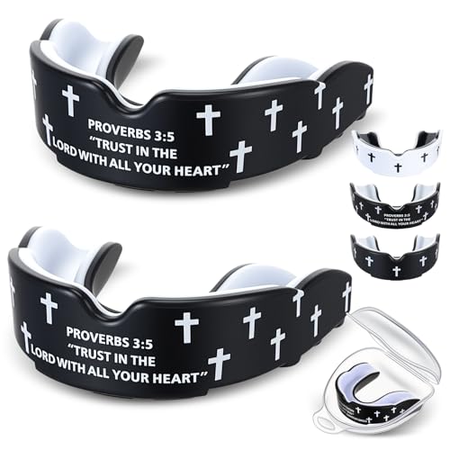 Yaomiao 2 Pcs Mouth Guards Christian Teeth Guards Sport Game Guard & Case Religious MouthGuard Soccer Football Basketball Baseball Wrestling Lacrosse Rugby Boxing Taekwondo - size: Youth, style: Black & Proverb