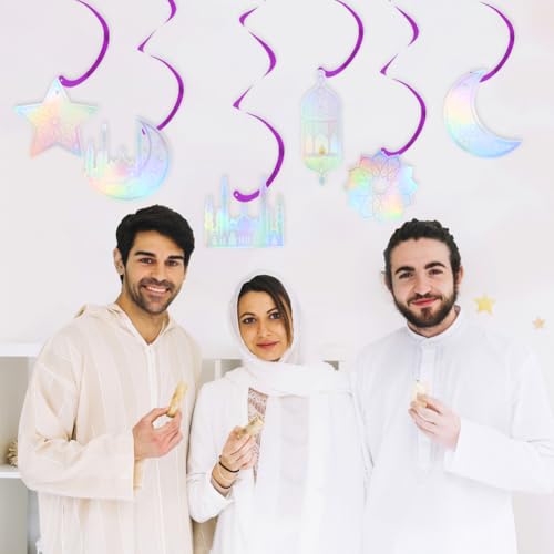 6 Pcs Iridescent Eid Mubarak Hanging Swirls, Sparkling Metallic Ceiling Streamers Garland with Crescent Moon Star Castle Lantern Pattern for Islamic Muslim Ramadan Eid al-Adha Party Decoration