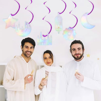 6 Pcs Iridescent Eid Mubarak Hanging Swirls, Sparkling Metallic Ceiling Streamers Garland with Crescent Moon Star Castle Lantern Pattern for Islamic Muslim Ramadan Eid al-Adha Party Decoration