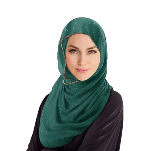 Hijab Scarf for Women Soft Chiffon Rhinestone Long Scarf Shawl Fashion Muslim Hijab Head Wrap Scarves - color: Dark Green