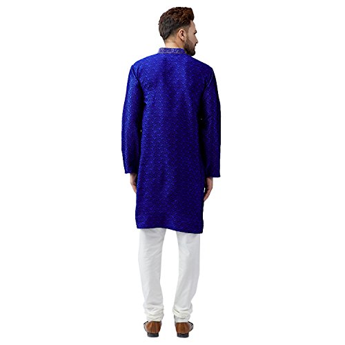 Sojanya (Since 1958 Men'S Teal Silk Blend Kurta Churidar Pyjama Set - color: Royal Blue and Off White, size: XX-Large