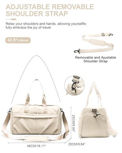 Gym Bag for Women Men with Shoe Compartment, Sport Duffel Bag, Waterproof Travel Weekender Overnight Carry on Bag for Yoga with Trolley Sleeve, Beige - color: A6-Beige