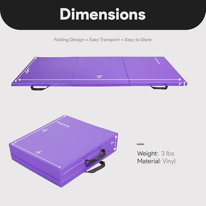 BalanceFrom 6x2 Feet 3-Panel Folding Gymnastics Mat – 2-Inch Thick Pad with Vinyl Surface and Carrying Handles for Tumbling, Yoga, Pilates, Home Workouts, and Martial Arts - color: Purple