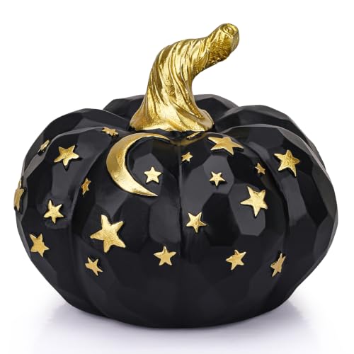 3.9“ Small Black Halloween Resin Pumpkin Decor with Gold Moon Star - color: Resin Pumpkin-bblack & Gold
