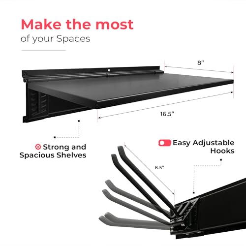 TIDYME Garage Tool Organizer Wall Mount 64", 2 Shelves & 4 Single Hooks | 2x16.5 in floating shelves hold 120 lbs each, 8.5 in hooks 50 lbs each, anti-rust carbon steel, garage organization - size: 64" Carbon Steel with 2 Shelves & Single Hooks