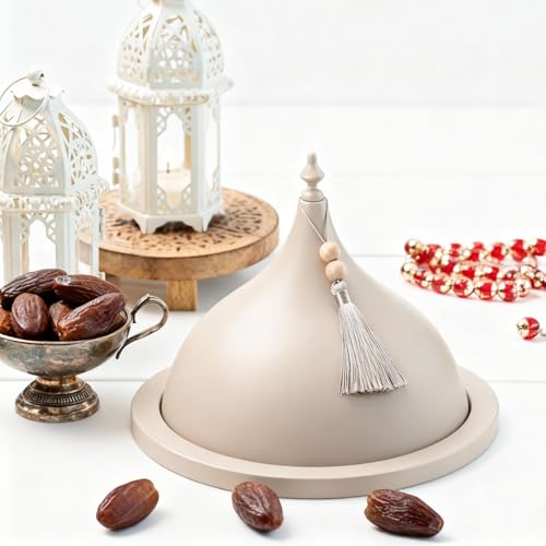 Qinyoung Decorative Ramadan Dates Cover, 12 Inch Taupe Metal Serving Dome Cloche Cover with Silver Tassel for Dates, Eid Serving Platter, Elegant Iftar and Suhoor Table Centerpiece - size: 12 Inch, style: Classic