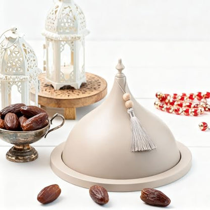 Qinyoung Decorative Ramadan Dates Cover, 12 Inch Taupe Metal Serving Dome Cloche Cover with Silver Tassel for Dates, Eid Serving Platter, Elegant Iftar and Suhoor Table Centerpiece - size: 12 Inch, style: Classic