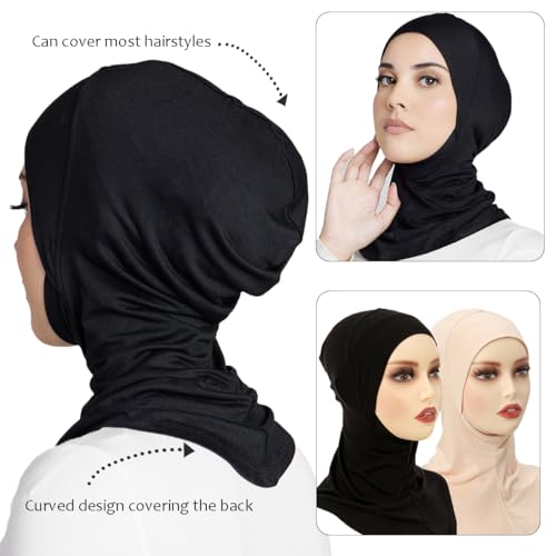 Women Slouchy Beanies Cap Soft Hijab Cap Under Scarf for Women Muslim Jersey Hijab Undercaps(1PC/2PC) - color: Black+beige
