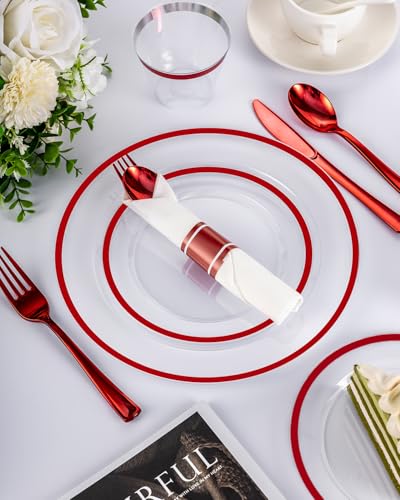 BESTVIP 175 Pcs Clear & Red Plastic Dinnerware Set for 25 Guests - color: Red, size: 175