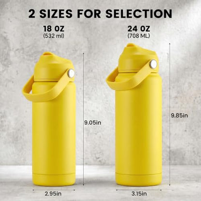Fijinhom 18oz Insulated Stainless Steel Water Bottle, Wide Mouth Double Wall Vacuum, Silicone Straw, Sweat & Leak Proof, BPA Free Insulated Water Flask for Travel, Keep Cold 24h Hot 12h, Yellow - color: Yellow, size: 18 Ounces