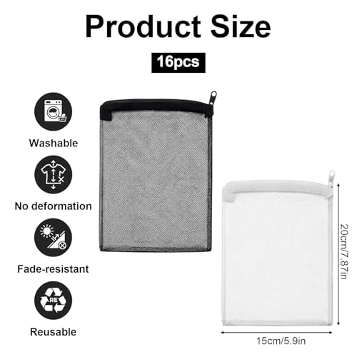 16 Pcs Aquarium Filter Media Bags Extra Fine, Fine Mesh Filter Media Bag with Zipper, White and Black Bag for Fish Tank Activated Carbon, Biospheres, Ceramic Rings