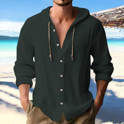 Linen Shirts for Men Casual Button Shirt Summer Cotton Linen Hoodie Beach Long Sleeve Shirts Top with Hood - color: A1-army Green, size: 3X-Large