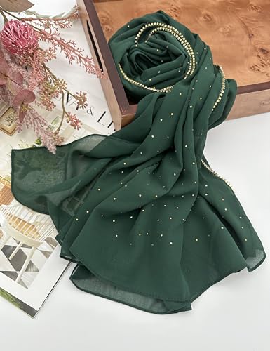 Hijab for Women Premium Chiffon Hijab Rhinestone Hijab Scraf for Women Muslim - color: Dark Green