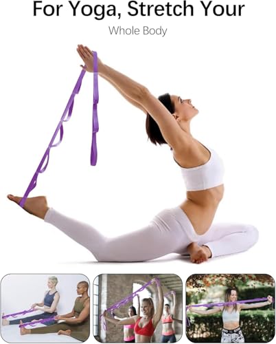 10 Loop Yoga Stretching Strap for Physical Therapy - Non-Elastic Exercise Band for Pilates, Yoga, Stretching for Women & Men - color: Purple