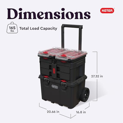 Keter Stack N Rolling Tool Box Modular Storage System 4 Piece | Black and Red, Heavy Duty, Weatherproof, All Terrain Wheels, Durable, Easy to Use, Telescoping Handle - color: Black/Red, size: 4PC System
