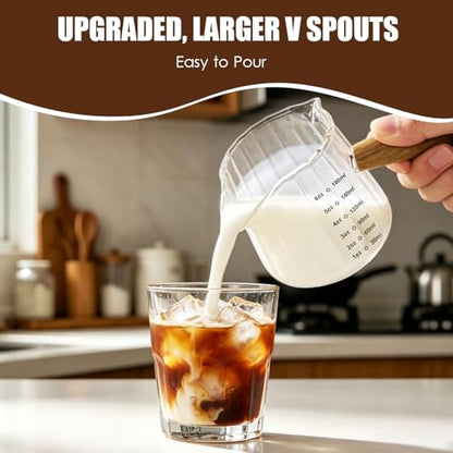 Adorever Espresso Cups 6 OZ, Double Spout Espresso Shot Glass with Wooden Handle, Clear Glass Measuring Cup for Espresso Shots & Milk, Espresso Accessories for Coffee Machine