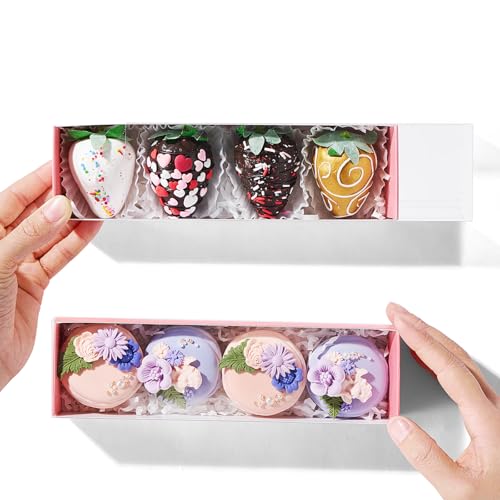 25Pack Pink Chocolate Covered Strawberry Box for 4, Macaron boxes, Long Treat Box for Truffles, Cookies, Ores, Chocolate Cocoa Bombs&Cake Ball Bakery Packaging Supplies - color: Pink