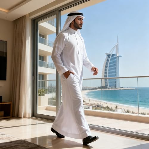 Men's Thobe Muslim Clothes Long Sleeve Middle East Saudi Kaftan Islamic Abaya Dubai Arab Robe - size: X-Large