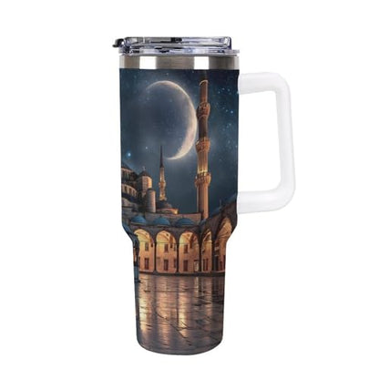 Blue Mosque Islamic Muslim Insulated Tumbler Stainless Steel Travel Coffee Mug with Lid And Straw 40oz - color: white-style