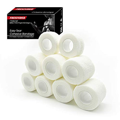 FRESINIDER 9 Rolls Self Adhesive Wrap Athletic Tape Gauze, Breathable Elastic Cohesive Bandage for Sports Injury & Pet (7 Pcs 2" x 5 Yards + 2 Pcs 1" X 5 Yards) (White) - color: White