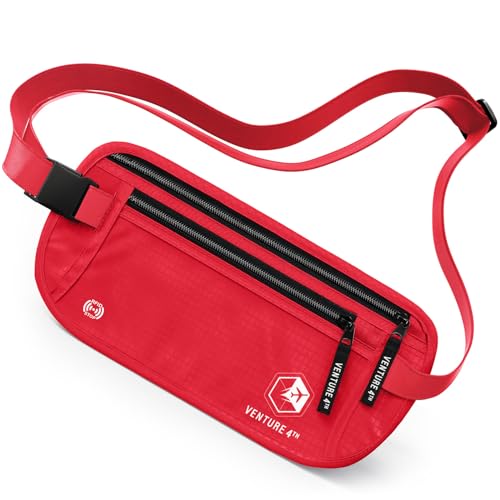 VENTURE 4TH Money Belt for Travel – Slim Hidden Under-Clothes RFID Blocking Anti-Theft Passport Holder & Travel Wallet Pouch for Men & Women to Protect Cash, Cards & Documents (Red) - color: Red