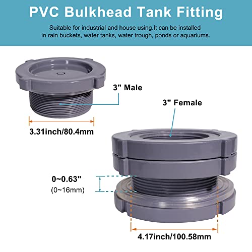 Ququyi 3 Inch PVC Bulkhead Water Tank Connector Adapter Fitting with Plugs Thru-Bulk Pipe Fitting for Rain Barrels, Aquariums, Ponds(Set of 1) - size: 3"-1pcs
