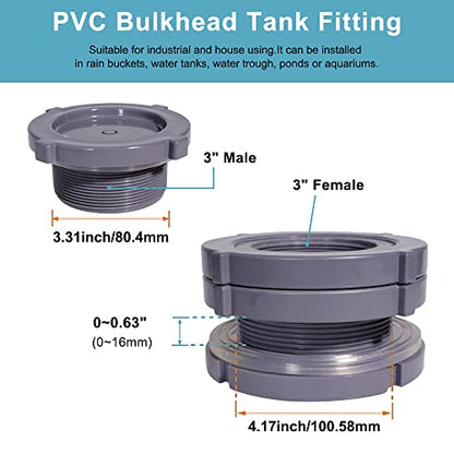 Ququyi 3 Inch PVC Bulkhead Water Tank Connector Adapter Fitting with Plugs Thru-Bulk Pipe Fitting for Rain Barrels, Aquariums, Ponds(Set of 1) - size: 3"-1pcs