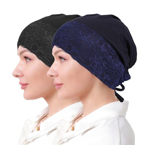 Muslim Hijab Undercap Women Underscarf Hijab Cap Islamic Turbans Scarf Inner Cap Eid Headscarf Hijab Bonnet - color: Black+navy
