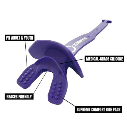 O Shield Striker Football Lip Guard with Permanent Strap | Football Lip Guard with Permanent Strap — Front Teeth, Lip, and Full Bite-Surface Coverage, No-Boil Ready Fit - color: Purple