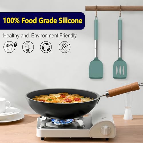 HOTEC Silicone Spatula Set of 2 Heat-Resistant 600F & BPA-Free Kitchen Spatula Turner with Stainless Steel Handles, Slotted & Solid Spatulas for Nonstick Cookware, 13.7 Inch, Sage Green - color: Sage Green