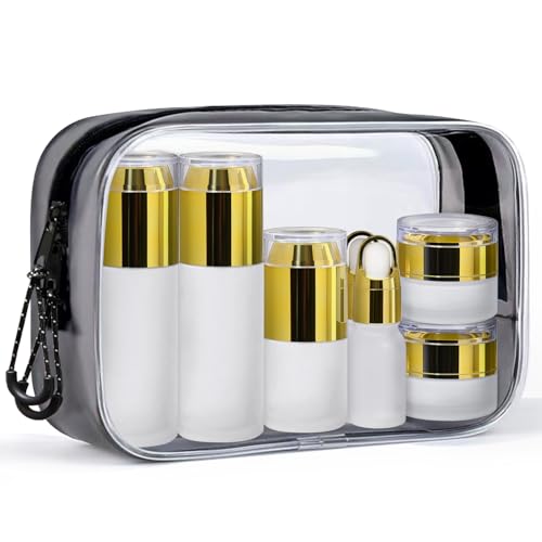 Glass Travel Bottles for Toiletries, TSA Approved, Leak Proof Refillable Travel Size Containers with Pump Spray Dropper Jars for Skincare Lotion Cream or Shampoo - color: Frosted Glass Bottle with Gold Lid