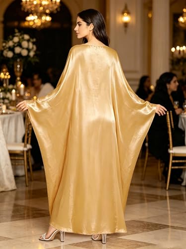 Shinsto Women Satin Prayer Dress Kaftan Robe Musulmane Femme Flashy Gown Luxury Party Wear Nightclub Outfit - color: Yellow, size: 2