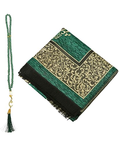 Prien Prayer Rug with Tasbih | Muslim Carpet | Praying Mat with Prayer Beads | Islamic Gifts for Women Men | Islam Portable Pray Set for Travel Kids Ramadan Namaz Hajj Umrah (Green) - color: Green