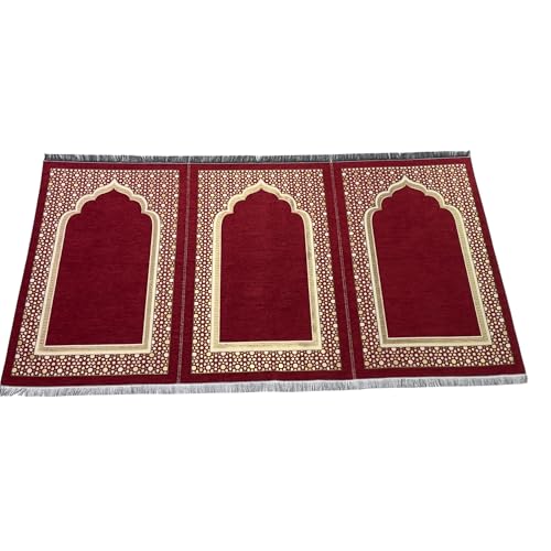 Modefa Turkish Islamic Prayer Mat - Wide Chenille Praying Mat - Multi Person Muslim Janamaz Sajada for Family - Large Gathering & Group Praying Carpet - Selcuk Star 3 Person (Red) - color: Red
