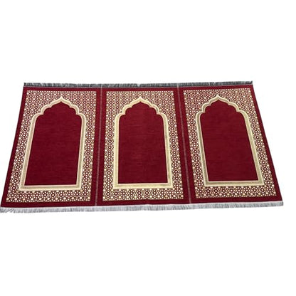 Modefa Muslim Thin Chenille Islamic Prayer Mat - Selcuk Star 3 Person (Red) - color: Red