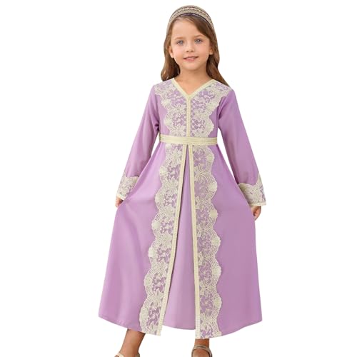 FYMNSI Kids Girls Muslim Abaya Dress Modest Lace Belted Prayer Dress Islamic Maxi Robe Kaftan Ramadan Arabian Dubai Clothes - color: Purple, Pink, size: 12-13 Years