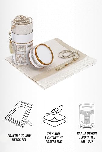 ihvan online Muslim Prayer Rug and Prayer Beads with Elegant Design Cylinder Gift Box, Janamaz, Soft Sajadah, Islamic Gifts Set, Portable Prayers Carpet Mat, Taffeta Fabric, White - color: White