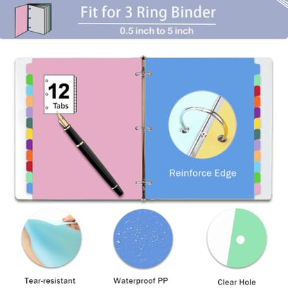 Binder Dividers with Tabs,Monthly Dividers for 3 Ring Binder,12 TABS,Customizable Table of Contents,Multicolor,1 Sets