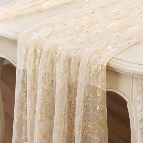 4PCS Gold Sequin Table Runner, 29x120 Inch Sheer Tulle Metallic Foil Table Runners for Wedding Birthday Party Anniversary Holiday Table Decor