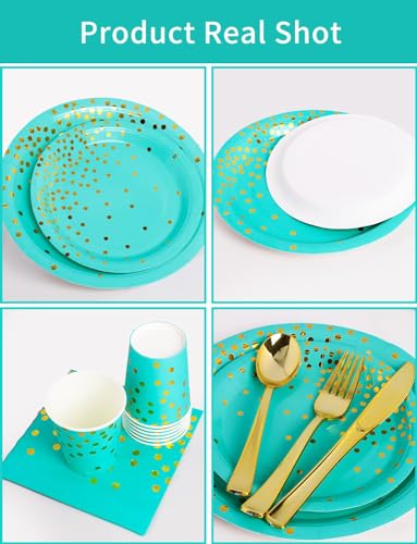 Nkaiso 141Pcs Teal Gold Paper Plates and Napkins Party Supplies-20 Guests - color: Blue Green and Gold